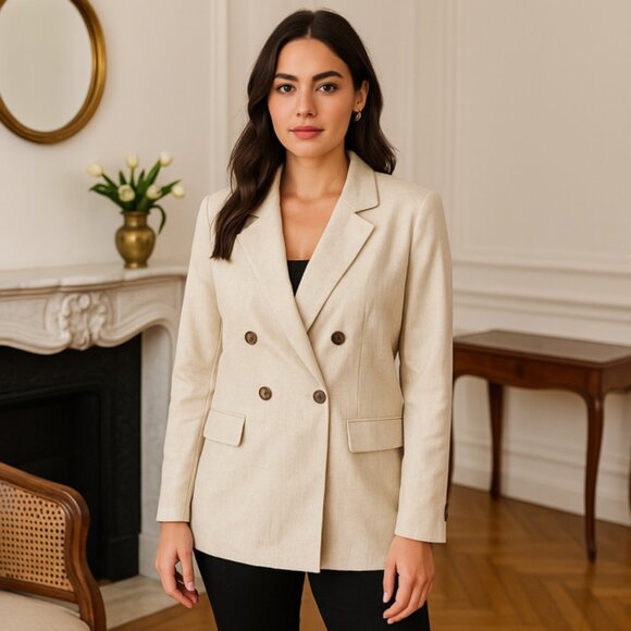 JustFab Linen-Blend Double-Breasted Blazer Beige Women's – Size XL - Picture 1 of 9